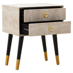 Natural Faux Shagreen Effect 2-Drawer Bedside Table with Gold Accents and Black Angular Legs | Cadio