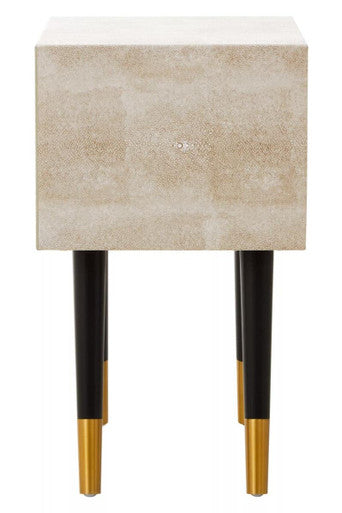 Natural Faux Shagreen Effect 2-Drawer Bedside Table with Gold Accents and Black Angular Legs | Cadio