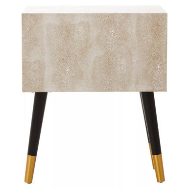 Natural Faux Shagreen Effect 2-Drawer Bedside Table with Gold Accents and Black Angular Legs | Cadio