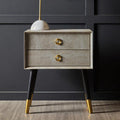 Natural Faux Shagreen Effect 2-Drawer Bedside Table with Gold Accents and Black Angular Legs | Cadio