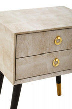 Natural Faux Shagreen Effect 2-Drawer Bedside Table with Gold Accents and Black Angular Legs | Cadio