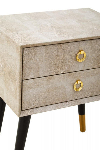Natural Faux Shagreen Effect 2-Drawer Bedside Table with Gold Accents and Black Angular Legs | Cadio