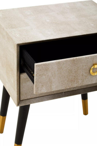 Natural Faux Shagreen Effect 2-Drawer Bedside Table with Gold Accents and Black Angular Legs | Cadio