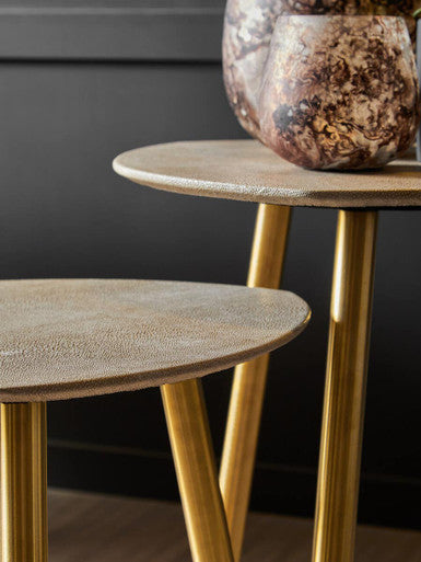 Set of 2 Natural Shagreen Leather Round Top Side Tables with Gold Finish Legs | Cadio
