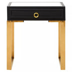 Black Shagreen Effect 1-Drawer Side Table with Brushed Matte Gold Legs and Knocker Handle | Cardoba