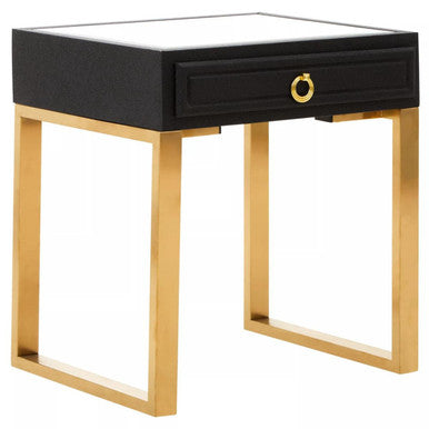 Black Shagreen Effect 1-Drawer Side Table with Brushed Matte Gold Legs and Knocker Handle | Cardoba
