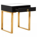 Black Shagreen Effect 1-Drawer Side Table with Brushed Matte Gold Legs and Knocker Handle | Cardoba