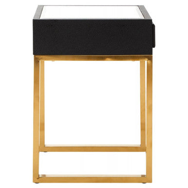 Black Shagreen Effect 1-Drawer Side Table with Brushed Matte Gold Legs and Knocker Handle | Cardoba