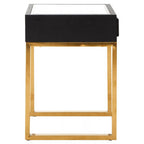 Black Shagreen Effect 1-Drawer Side Table with Brushed Matte Gold Legs and Knocker Handle | Cardoba