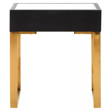Black Shagreen Effect 1-Drawer Side Table with Brushed Matte Gold Legs and Knocker Handle | Cardoba
