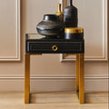 Black Shagreen Effect 1-Drawer Side Table with Brushed Matte Gold Legs and Knocker Handle | Cardoba