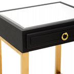 Black Shagreen Effect 1-Drawer Side Table with Brushed Matte Gold Legs and Knocker Handle | Cardoba