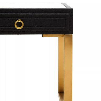 Black Shagreen Effect 1-Drawer Side Table with Brushed Matte Gold Legs and Knocker Handle | Cardoba