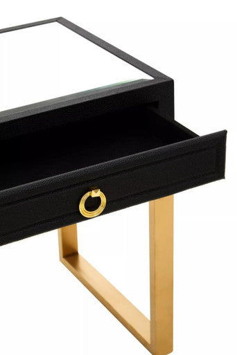 Black Shagreen Effect 1-Drawer Side Table with Brushed Matte Gold Legs and Knocker Handle | Cardoba