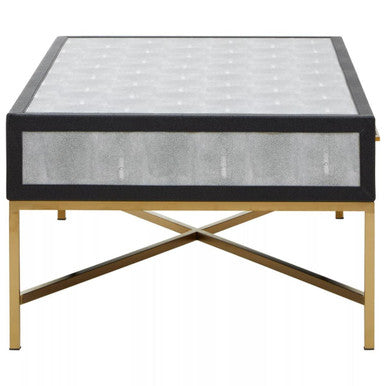 Grey Shagreen Effect Coffee Table with Two Drawers and Brushed Matte Gold Cross Leg Frame | Cadiz