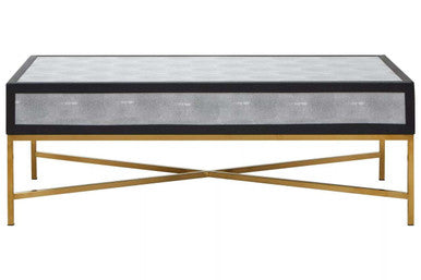 Grey Shagreen Effect Coffee Table with Two Drawers and Brushed Matte Gold Cross Leg Frame | Cadiz