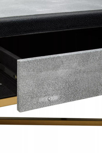 Grey Shagreen Effect Coffee Table with Two Drawers and Brushed Matte Gold Cross Leg Frame | Cadiz