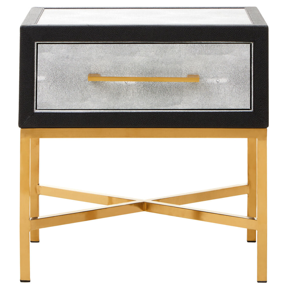 Grey Faux Shagreen 1-Drawer Side Table with Brushed Matte Gold Cross Legs and Black Border | Cadiz