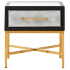 Grey Faux Shagreen 1-Drawer Side Table with Brushed Matte Gold Cross Legs and Black Border | Cadiz
