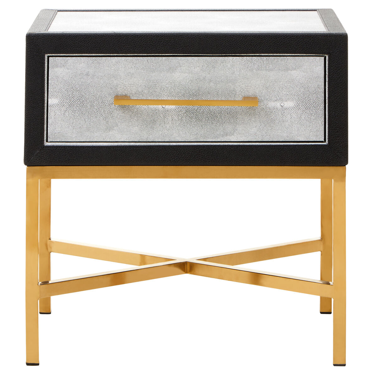 Grey Faux Shagreen 1-Drawer Side Table with Brushed Matte Gold Cross Legs and Black Border | Cadiz