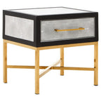 Grey Faux Shagreen 1-Drawer Side Table with Brushed Matte Gold Cross Legs and Black Border | Cadiz