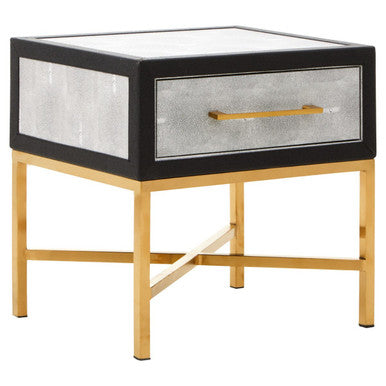 Grey Faux Shagreen 1-Drawer Side Table with Brushed Matte Gold Cross Legs and Black Border | Cadiz