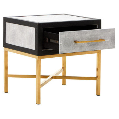 Grey Faux Shagreen 1-Drawer Side Table with Brushed Matte Gold Cross Legs and Black Border | Cadiz