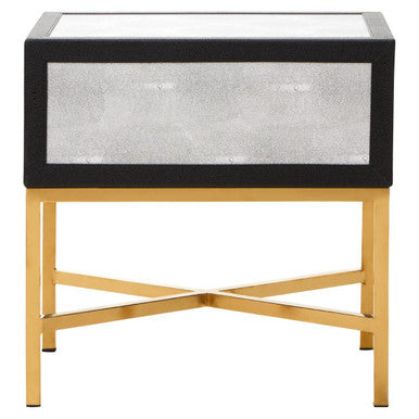 Grey Faux Shagreen 1-Drawer Side Table with Brushed Matte Gold Cross Legs and Black Border | Cadiz