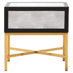 Grey Faux Shagreen 1-Drawer Side Table with Brushed Matte Gold Cross Legs and Black Border | Cadiz