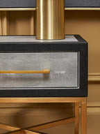 Grey Faux Shagreen 1-Drawer Side Table with Brushed Matte Gold Cross Legs and Black Border | Cadiz