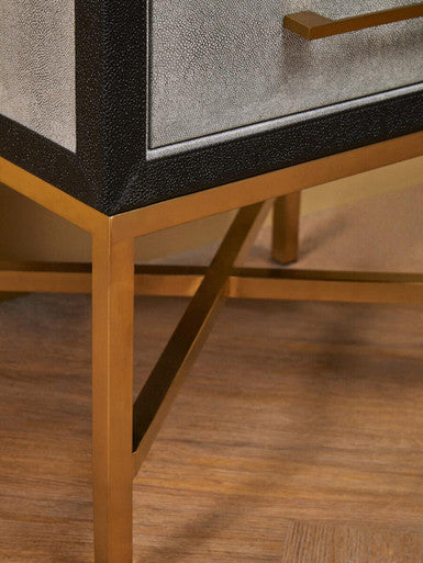 Grey Faux Shagreen 1-Drawer Side Table with Brushed Matte Gold Cross Legs and Black Border | Cadiz