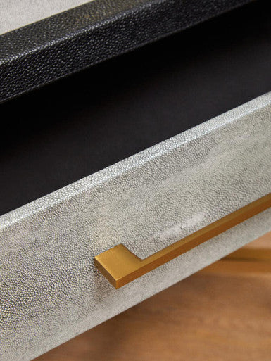 Grey Faux Shagreen 1-Drawer Side Table with Brushed Matte Gold Cross Legs and Black Border | Cadiz