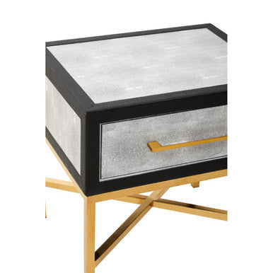 Grey Faux Shagreen 1-Drawer Side Table with Brushed Matte Gold Cross Legs and Black Border | Cadiz