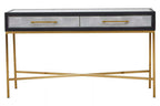 Grey Shagreen Effect 2-Drawer Console Table with Brushed Matte Gold Cross Leg Frame | Cadiz