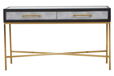 Grey Shagreen Effect 2-Drawer Console Table with Brushed Matte Gold Cross Leg Frame | Cadiz