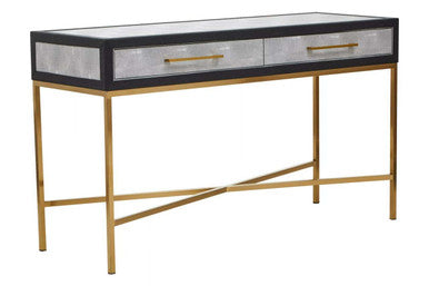 Grey Shagreen Effect 2-Drawer Console Table with Brushed Matte Gold Cross Leg Frame | Cadiz