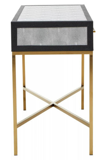 Grey Shagreen Effect 2-Drawer Console Table with Brushed Matte Gold Cross Leg Frame | Cadiz