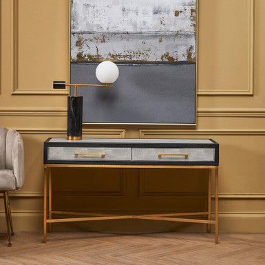 Grey Shagreen Effect 2-Drawer Console Table with Brushed Matte Gold Cross Leg Frame | Cadiz