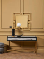 Grey Shagreen Effect 2-Drawer Console Table with Brushed Matte Gold Cross Leg Frame | Cadiz