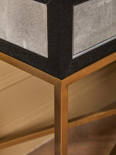 Grey Shagreen Effect 2-Drawer Console Table with Brushed Matte Gold Cross Leg Frame | Cadiz