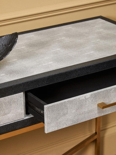 Grey Shagreen Effect 2-Drawer Console Table with Brushed Matte Gold Cross Leg Frame | Cadiz