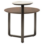 Brown Marble Effect Ceramic Top Round 2-Tier Coffee Table with Eucalyptus Veneer Lower Shelf and Black Metal Legs | Imperia