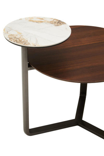 Brown Marble Effect Ceramic Top Round 2-Tier Coffee Table with Eucalyptus Veneer Lower Shelf and Black Metal Legs | Imperia