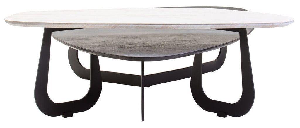 Grey and White Marble Effect Ceramic Tops Large 2-Tier Asymmetrical Coffee Table with Black Metal Base | Imperia