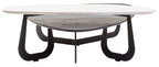 Grey and White Marble Effect Ceramic Tops Large 2-Tier Asymmetrical Coffee Table with Black Metal Base | Imperia