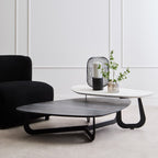 Grey and White Marble Effect Ceramic Tops Large 2-Tier Asymmetrical Coffee Table with Black Metal Base | Imperia