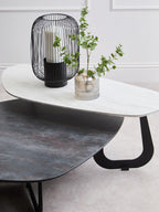 Grey and White Marble Effect Ceramic Tops Large 2-Tier Asymmetrical Coffee Table with Black Metal Base | Imperia