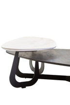 Grey and White Marble Effect Ceramic Tops Large 2-Tier Asymmetrical Coffee Table with Black Metal Base | Imperia