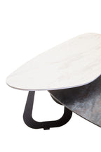Grey and White Marble Effect Ceramic Tops Large 2-Tier Asymmetrical Coffee Table with Black Metal Base | Imperia