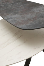 Grey and White Marble Effect Ceramic Tops Small 2-Tier Asymmetrical Coffee Table with Black Metal Base | Imperia